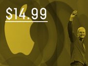 Editorial infographic showing $14.99 price in large white text over a yellow-tinted Apple logo background with a cheering man on the right.