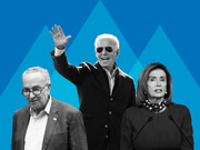 Editorial illustration showing black-and-white cutouts of three Democratic political figures against a blue geometric background.
