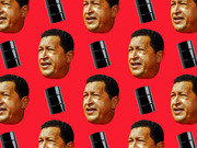 Repeating pattern of a man's face and black oil barrels on a red background, used as editorial illustration.