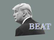 Editorial illustration showing a black-and-white profile portrait of Donald Trump against a gray background with the word BEAT in decorative blue and white lettering.