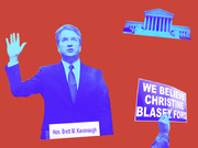 Editorial collage illustration showing Brett Kavanaugh raising his hand at his hearing, the Supreme Court building, and a protest sign reading We Believe Christine Blasey Ford.