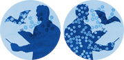 Two blue circular editorial illustrations showing a scientist silhouette with bats and coronavirus particles, suggesting zoonotic disease transmission research.