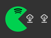 Editorial illustration showing a Pac-Man figure with the Spotify logo eating cloud-download icons, symbolizing Spotify acquiring podcast companies.