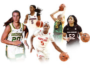 Composite editorial illustration of five women's college basketball players in uniforms from Oregon, UConn, Maryland, Baylor, and South Carolina.