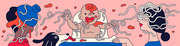 Colorful editorial illustration of a messy baby in a high chair flinging spaghetti, flanked by two adults and a dog, on a pink background.