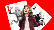 Editorial illustration showing singers depicted as playing cards, with a Queen of Clubs and King of Spades featuring performers holding microphones on a red background.