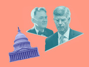 Editorial illustration showing two men in suits with teal color treatment alongside a purple-tinted US Capitol building on a coral background.