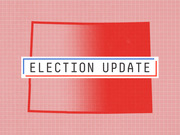 Editorial illustration showing a red silhouette of Colorado state on a pink grid background with an Election Update label banner.