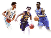 Editorial illustration of three college basketball players in their uniforms: North Carolina #13, Murray State #12, and Duke #1, each holding a basketball.