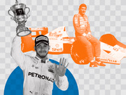 Editorial illustration showing a black-and-white F1 driver holding a trophy alongside an orange-tinted image of another driver seated on a Marlboro-sponsored Formula 1 car.