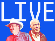 Editorial illustration showing two men on a blue background with the word LIVE in large white letters, likely for a political race live coverage graphic.