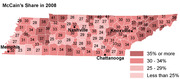 Choropleth map of Tennessee counties showing McCain's vote share in the 2008 presidential election, with counties shaded by percentage range and labeled with numeric values.