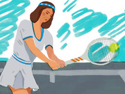 Editorial illustration of a female tennis player in white outfit with blue trim hitting a ball on a court, rendered in a loose painterly style.