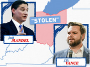 Editorial illustration featuring photos of Josh Mandel and J.D. Vance overlaid on a map of Ohio with the word Stolen in quotes.