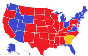 US electoral map showing states colored red, blue, and one state in yellow, likely representing a presidential election result or forecast.