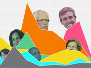 Editorial illustration showing faces of 2020 Democratic presidential candidates including Bernie Sanders, Kamala Harris, Elizabeth Warren, and Beto O'Rourke emerging from colorful mountain-like shapes.