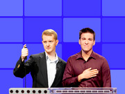 Editorial illustration of two Jeopardy contestants standing at podiums against a blue game-board background.