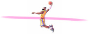 Stylized illustration of a basketball player in a yellow and purple uniform dunking a ball above a pink diagonal line.
