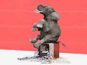Editorial illustration of an elephant sitting on and crushing a vintage television set against a red background, with debris scattered around.