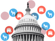 Editorial illustration of the US Capitol dome surrounded by red and blue circles featuring Democratic donkey and Republican elephant party symbols.