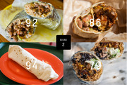 Four photos of burritos arranged in a grid with numerical scores (92, 86, 94, 79) and a Round 2 label, comparing burrito rankings.