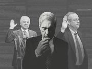 Black and white editorial illustration showing three men in suits overlaid on text from what appears to be the Mueller Report, with two men raising their right hands as if being sworn in.