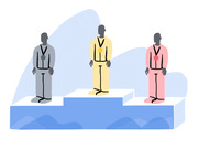Editorial illustration of three medal winners standing on a podium, wearing gold, silver, and bronze medals in yellow, gray, and pink outfits.