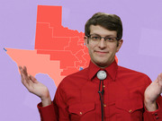 Editorial composite image of a man in a red western shirt with bolo tie shrugging in front of a red-and-blue Texas congressional district map on a purple background.