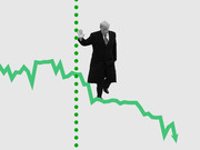 Editorial illustration showing a figure in a black coat walking along a green line chart that drops sharply downward, with a dotted vertical line dividing the image.