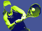 Stylized two-tone illustration of a faceless female tennis player in Nike gear hitting a backhand shot against a blue background.