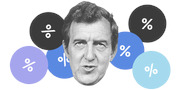 Editorial illustration of a man's face surrounded by colorful circles with percent and division signs in various shades of blue and dark gray.