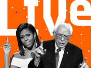 Editorial illustration with black-and-white cutout photos of Michelle Obama and Bernie Sanders on an orange background with the word Live and confetti.
