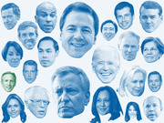 Collage of blue-tinted portrait cutouts of 2020 Democratic presidential candidates arranged at varying sizes on a white background.