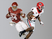 Editorial illustration of two college football players, one in Oklahoma Sooners uniform number 24 and one in Georgia Bulldogs uniform number 4, running with footballs on a grid background.