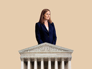 Editorial composite illustration of a woman in a navy blazer standing above the U.S. Supreme Court building facade on a tan background.