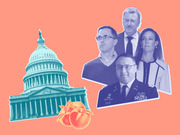 Editorial illustration showing the US Capitol building in teal, peaches, and a collage of four figures including a military officer with Vindman nameplate, on a coral background.