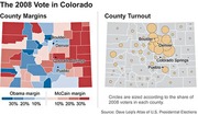 Two maps of Colorado showing the 2008 presidential vote by county: left map shows Obama vs McCain margins by color, right map shows county voter turnout with sized circles.