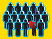 Editorial illustration showing a crowd of black human figures with blue outlines on a yellow background, with one red figure turned away and one purple figure standing out.