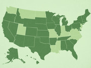 Choropleth map of the United States with states shaded in varying shades of green, likely representing a data variable by state.
