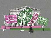 Editorial collage illustration showing protest signs with competing abortion rights and anti-abortion messages held up in front of the US Supreme Court building.