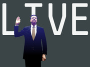 Editorial illustration of James Comey raising his right hand as if being sworn in, serving as the letter O in the word LIVE on a dark background.