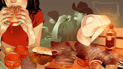 Editorial illustration showing people eating burgers and BBQ food including brisket, ribs, pulled pork, and beans, with a glowing cow outline in the background.