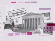 Editorial collage featuring the U.S. Supreme Court building, a Census form envelope, a Census Enumerator badge, an abacus, and pink graphic elements on a light background.