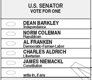 A sample ballot section for U.S. Senator showing six candidates with party affiliations and a write-in line.