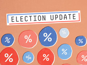 Editorial illustration for FiveThirtyEight's Election Update featuring red and blue circles with percent signs on a tan background.
