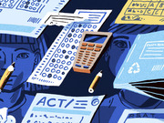 Editorial illustration showing standardized test materials including ACT and PSAT booklets, a calculator, pencils, and bubble sheets in blue tones.