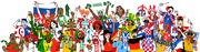 Colorful illustrated crowd of soccer fans from various nations including Brazil, Peru, Germany, Croatia, and others celebrating with flags and scarves.