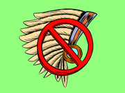 Editorial illustration of a Native American headdress with a red prohibition symbol overlaid on a green background, conveying opposition to use of Native imagery.