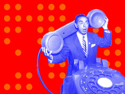 Blue-tinted vintage photo of a surprised man holding an oversized rotary telephone receiver, set against a red background with orange polka dots.
