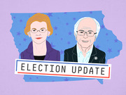 Editorial illustration of two political figures in front of the Iowa state silhouette with stars, labeled Election Update.